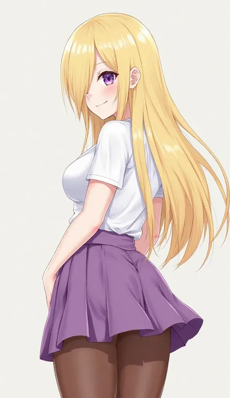 ((Best Quality)), ((masterpiece)), (detailed), 1 girl, Pastel yellow hair, Long hair, hair covers one eye, purple eyes, big breasts, big thighs, expression smiling shy, white voting t-shirt, purple skirt, brown pantyhose, looking at the viewer, view from b...