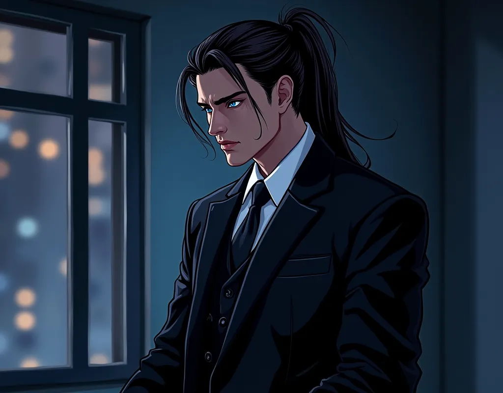 (Manhwa:3.2) Manhwa Cover, Manhwa Cover Style, Man, Black Long  ponytail Hair, blue Eyes, Handsome Face, black Suit, near the window, good looking manhwa art style, night, he is sexy and handsome , he is writing a book