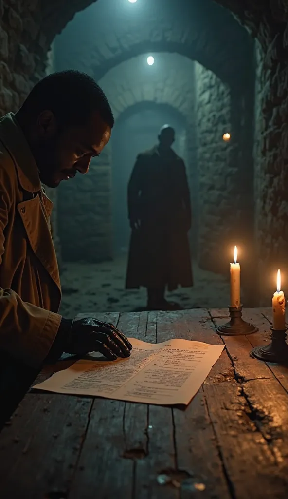 "POV shot through the haze of candlelight in a dimly lit stone chamber. A figure in a long trench coat leans forward, their face hidden in shadows. Their gloved hand slides a classified document across a scratched wooden table. The flickering candle casts ...