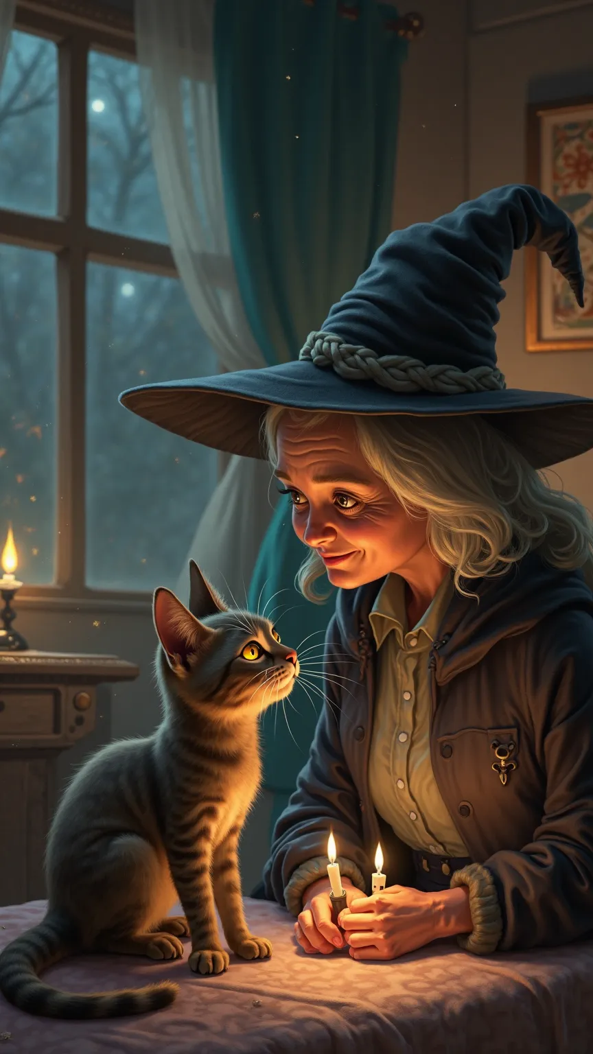 The cat and the witch exchanging smiles, feeling like true companions.