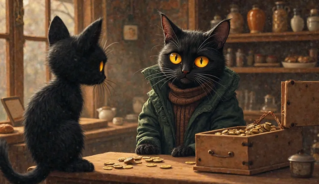 The thief stands at the bakery counter, where a small wooden cash box sits open, filled with coins. His fingers tremble slightly as he reaches inside and quickly grabs a handful of money, stuffing it into his coat pocket.

The only witness? Whiskers. The b...