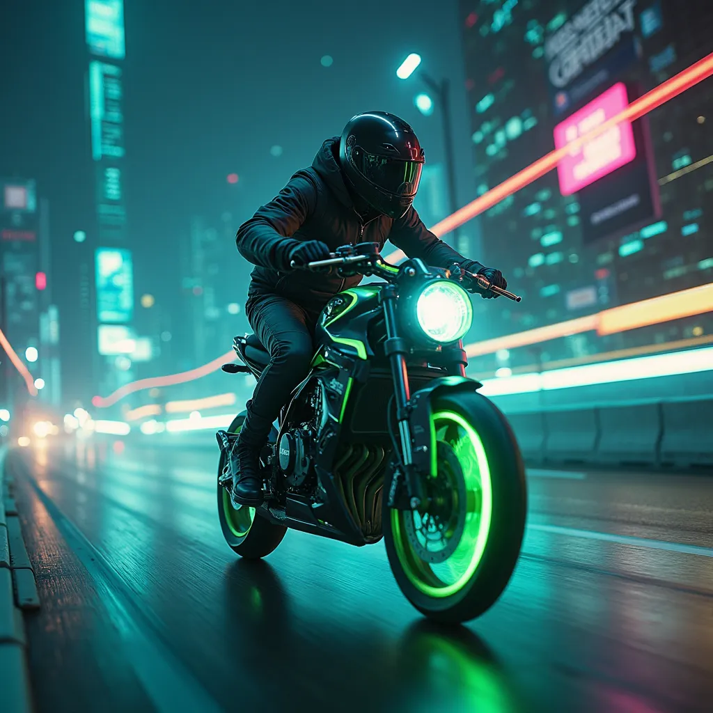 A futuristic biker speeding down a neon-lit road, holding a smartphone that emits glowing green light. The background features digital elements, such as message bubbles and notifications, blending into the cyber cityscape.