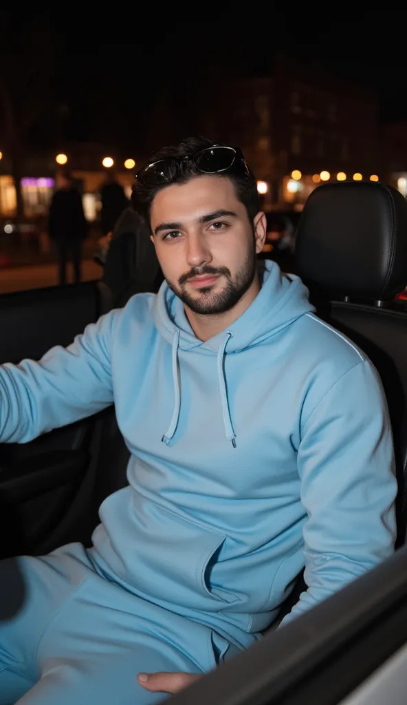 a handsome young turkish guy with muscle, dark very short hair fade middle parting and goatee beard  he wearing a light babyblue hoodie and a joggingpants in light babyblue and a small prada sunglasses is on his head  he is in a cabrio car with black seats...