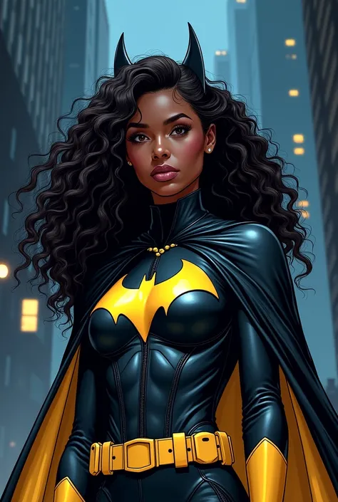 she is a young black woman, she is beautiful with long curly hair, she is cosplaying Batgirl: New Hero of the Night, well drawn illustration with lots of details, superhero comic book cover designs

