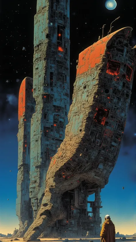 Moebius (Jean Giraud) Style - A picture by Jean Giraud Moebius, Large rectangular shaped Spaceship in deep sky, Science fiction illustrations, Retro-future. photo realism, 32K. Sci-fi Photoshoot, WIDE ANGLE SHOT, Impressive retro-future Spaceship, galaxy, ...