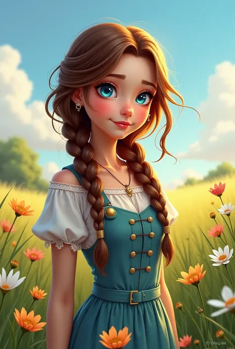 Beautiful girl with brown braids, blue eyes, wearing cowboy dresses, stands in the middle of a refreshing meadow.