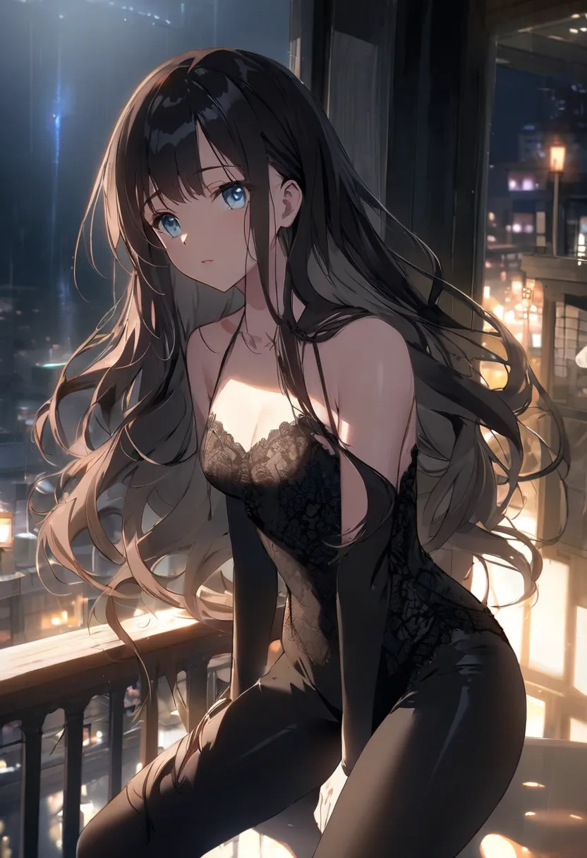 A beautifully drawn anime girl, 18 years old, with a shy yet captivating expression. She has long, silky hair that frames her delicate face, and her large, expressive eyes glance away bashfully. She wears a sleek, form-fitting black outfit—perhaps a stylis...