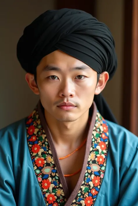 Handsome cute north vietnamese adult man face, round chubby face, cute face, 30 years old, pale skin, wear traditional blue long sleeve unbuttoned clothes with flower pattern and embroidery by clam shell, openned neck, wide black turban cover his head and ...