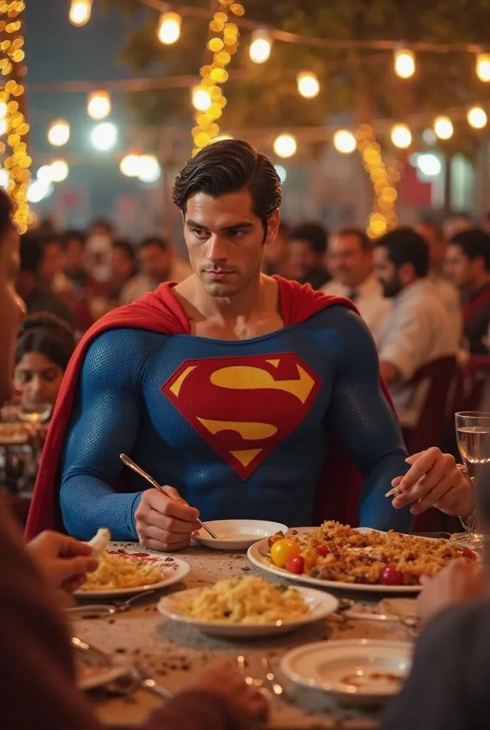 "Superman, the Man of Steel, joins an Egyptian Ramadan Iftar in a beautifully decorated outdoor setting. Dressed in his classic blue and red suit, with his cape flowing slightly in the evening breeze, he’s seated among a group of smiling Egyptians. He’s po...