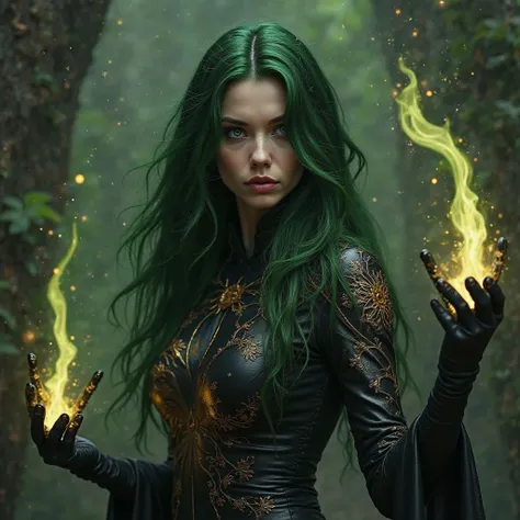 Create a wizard between an elf and an alien, of a woman with very long dark green hair, With big cat eyes, She is dressed in a tight dark leather suit with gold drawings. You are creating a magic spell in an attack position.