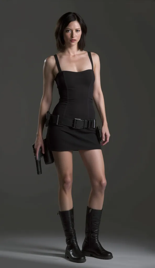 Sienna Guillory as Jill Valentine, black boots, black hair, short black skirt, Resident Evil Apocalypse, "3d model", "render", "only face", "Only face view" perfect body, very low off shoulder top showing big breasts