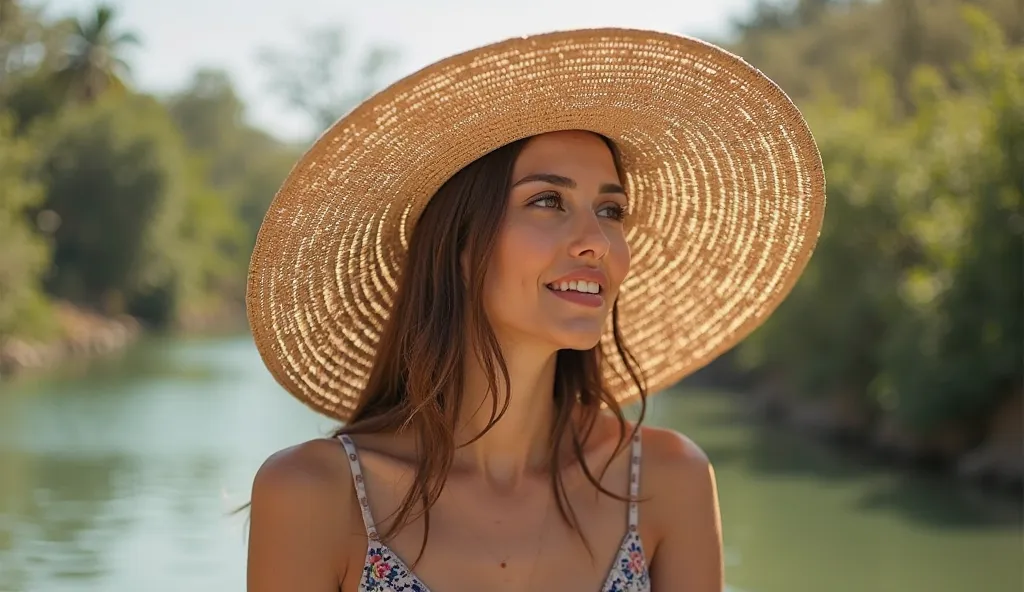 Sun protection fashion wide-brimmed straw hat outdoor setting lifestyle image relaxed view
