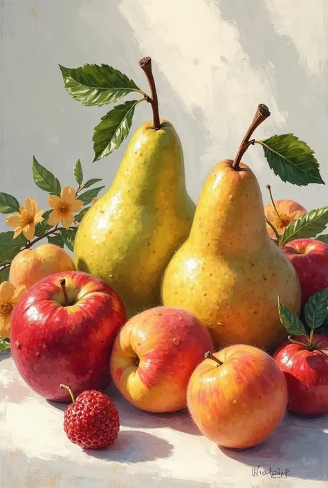 
Hand-painted pears with bright colors, apples and apricots 