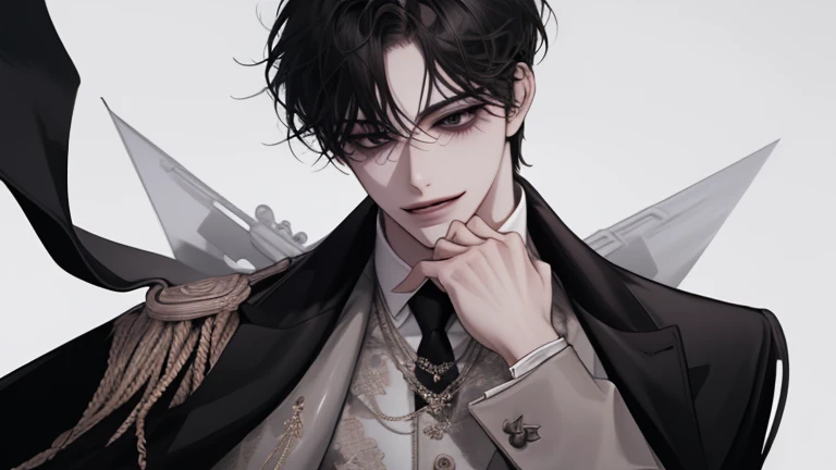 male, solo, adult, pale_skin, fair_skin, muscular, tall,black hair, No decoration, (swept bangs), loose shirt, (Three-Piece Suit), black eyes, tsurime, sanpaku, slanted_eyes, formal_dress, long_coat, smile, illustration, upper_body, front view, white_backg...