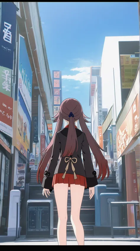 Hu tao,  waking at street in Japan,  smiling, show some post, Showing toungue, Wearing short skirt High Resolution, Long Hair Wide Shot, Anime Style, Anime, High Resolution, Accurate, Detail, HD, High Quality, UHD, Happy,  Long Hair