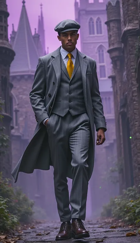 A tall young man in a gray Mafia beret,  and with a light gray vertical stripe suit, white shirt and yellow tie. He is walking in leather boots .In the background, a Gothic castle with tall towers, broken stained glass windows and purple mist.  calculating...