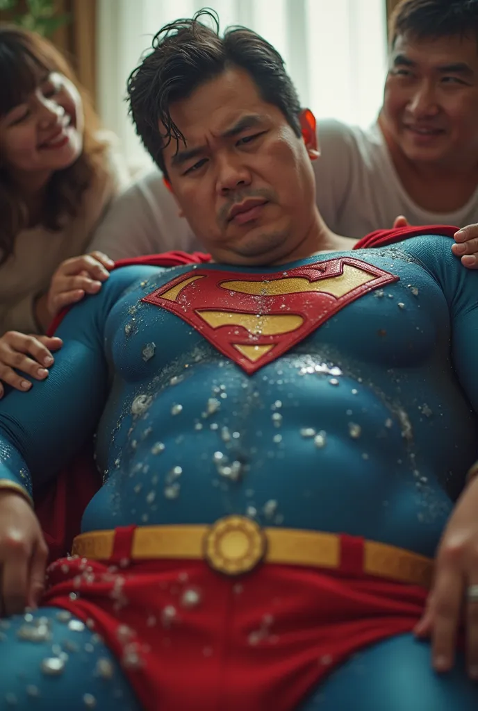 superman with people, gay, neat, Randomize camera shot & angle, Korean apartment, on the large sofa, background detailed,
[Superman : middle aged, thick, muscular, nice physics, perfect anatomy, feel helpless, humiliated by people, feeling out of energy an...