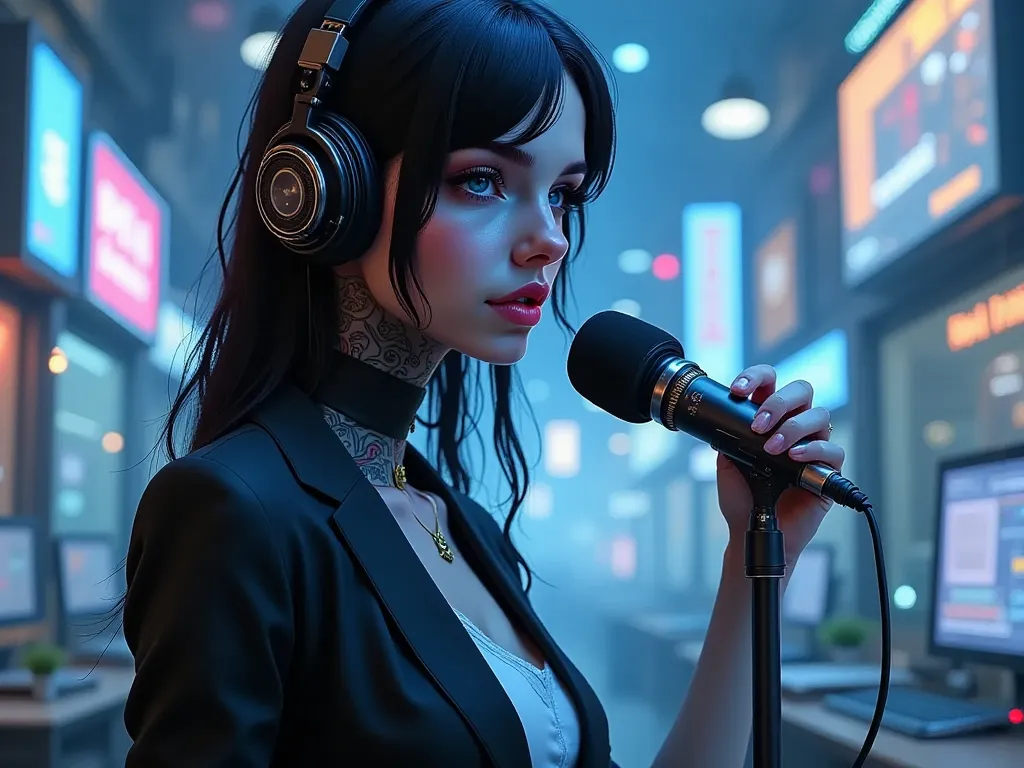 masterpiece, realistic, full body standing detailed eyes, beautiful, looking at the viewer, radio dj booth with real life real artist dj in Businesswoman style clothes and large headphones with beutiful face and long dark hair playing records vinyl annd ta...