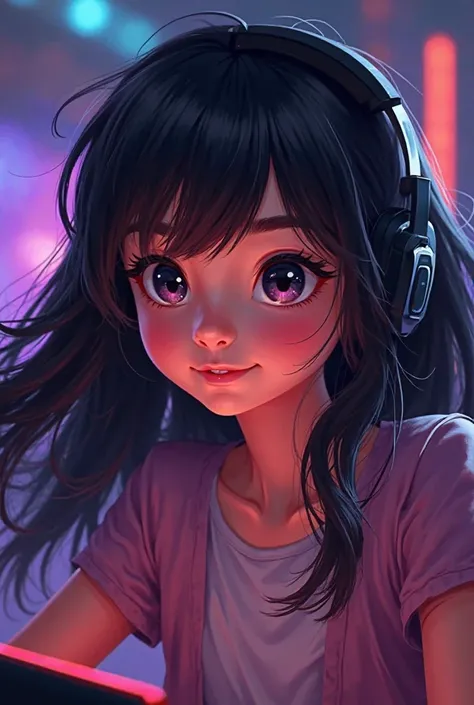 Create me a 2D image of a nine-year-old girl with black hair and a gamer, No background for profile picture on twitch