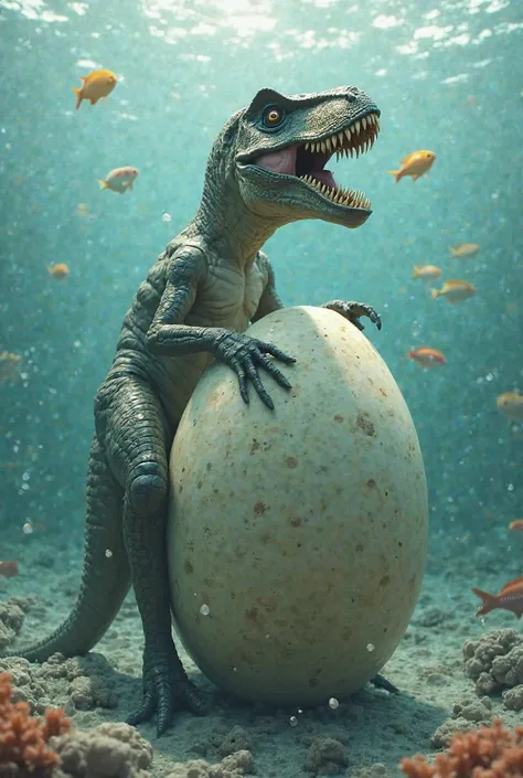 An egg with the head of a T-rex and the legs of a human being in the sea