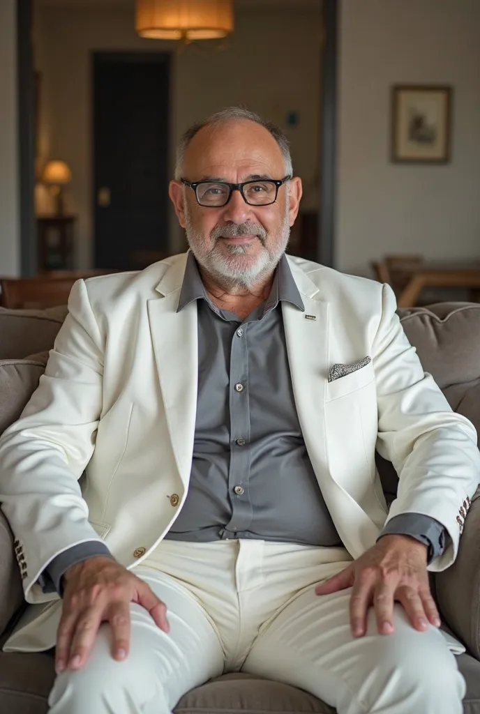 A handsome masculine mix Turkish and Germany chubby 60 year old man with short, thin hair, thick glasses, and a mix between jersey engle dan Fernando soto , chubby, wearing black peci on his head, thin hair almost bald, sitting astride on the couch wearing...