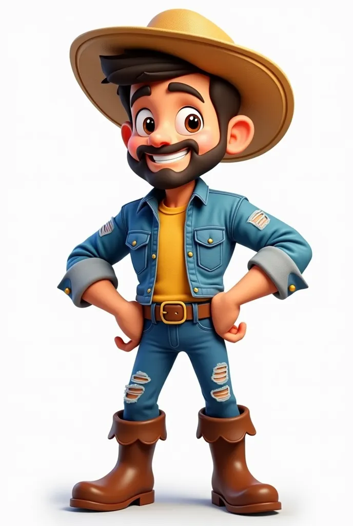 Generate a cartoon character,  FRIENDLY CARTOON STYLE ,  with a slightly square face, expressive brown eyes,  SHORT HAIR, thin beard,  strong physique, wears a blue and white plaid shirt with ripped jeans and brown rubber boots and straw hat 