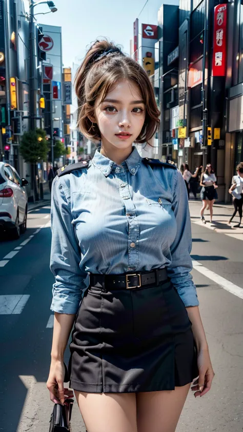 beautiful Japanese woman, 22 years old, perfect anatomy, healthy thighs, beautiful legs, beautiful skin, random hair color, random hairstyle, large breasts, female police officer, (Japanese police uniform:1.3), (miniskirt:1.3), (she is standing:1.2), full ...