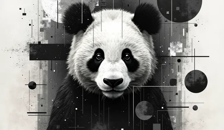 A high-contrast black and white optical illusion where a panda's face is subtly hidden within abstract shapes, requiring focus to reveal."