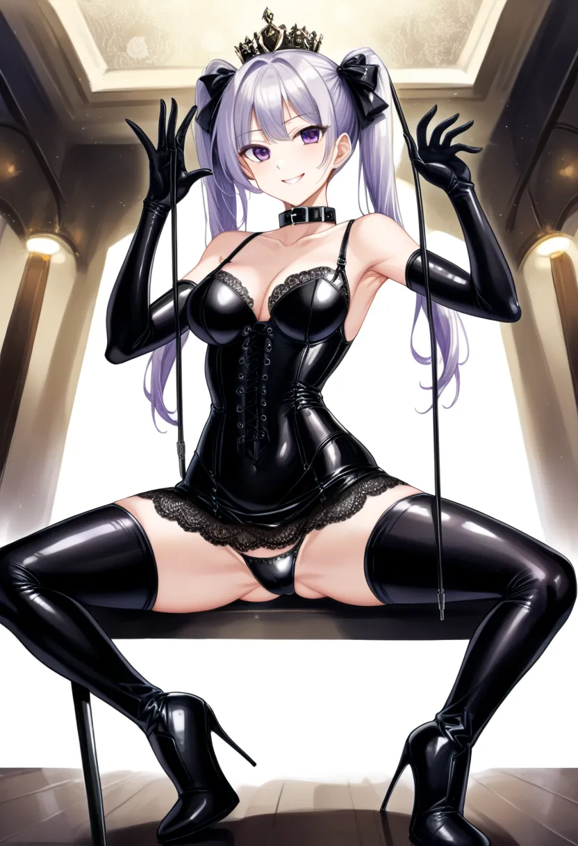 ((( crouch)))、spread your legs、squats、Bondage、 queen、spouse、 holding a whip on her right hand :1.6、(((one girl)))、(((Alone:1.8)))、(((Black latex elbow gloves:1.4)))、(((black latex corset dress:1.4)))、(((corset dress is decorated with beautiful lace)))、(((C...