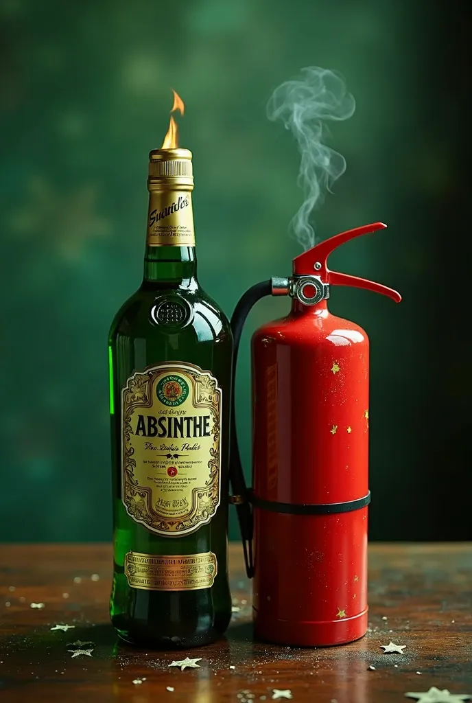 A promotional pack of a bottle of absinthe together with a fire extinguisher, As a joke because of its high percentage of alcohol. Tie them together with a ribbon showing that they are sold as a pack.