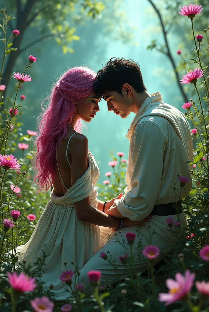 Woman with dark skin, bright pink long hair, green eyes. Loose alchemist clothing, chest mostly exposed,  with a man, pale skin, black hair, bright blue eyes, both kneeling over flowers