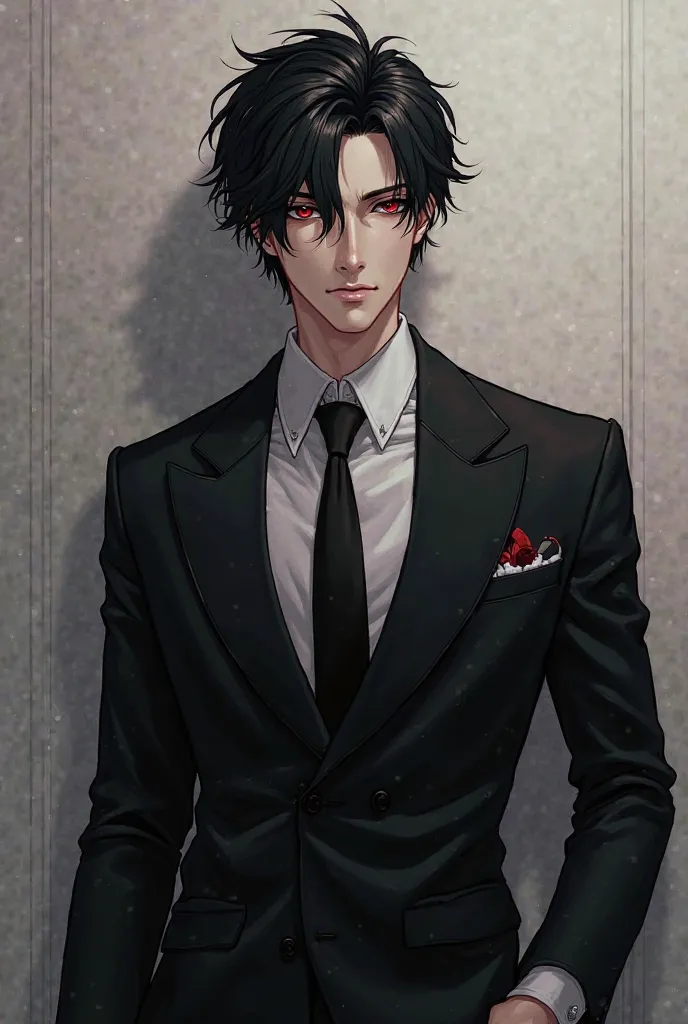 Please make me a photo of a handsome anime man wearing a suit with black hair red eyes