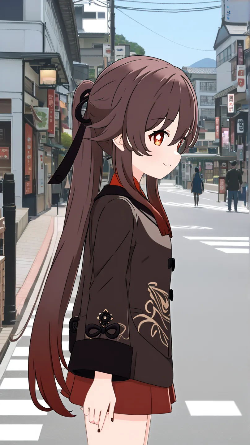 Hu tao,  waking at street in Japan,  smiling, show some post, side view,  Wearing short skirt High Resolution, Long Hair Wide Shot, Anime Style, Anime, High Resolution, Accurate, Detail, HD, High Quality, UHD, Happy,  Long Hair