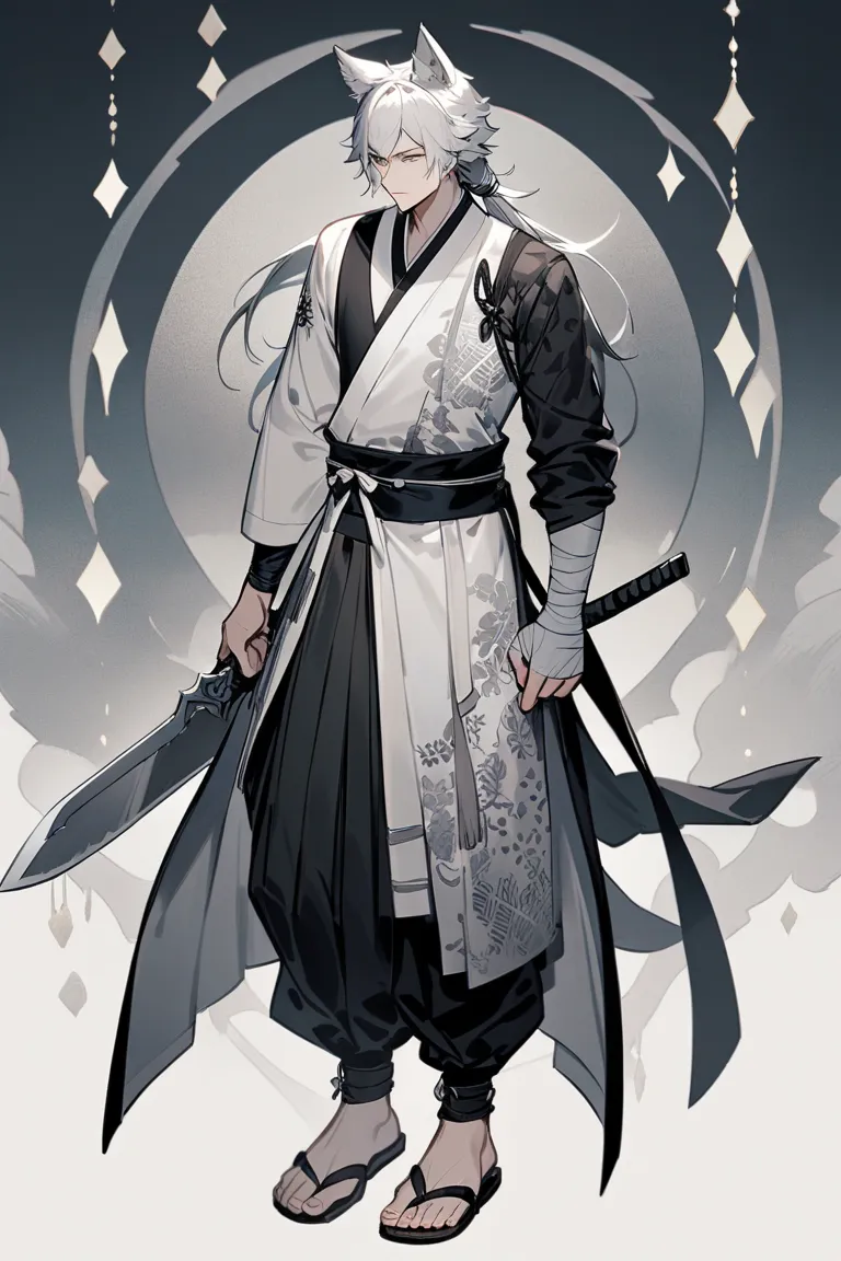 A male warrior with the features of a half-wolf, wearing a traditional one-sleeve kimono. One sleeve is normal, while the other arm is wrapped with bandages, exposing his shoulder. The outfit is primarily black and pale ash-white, adorned with subtle gray ...