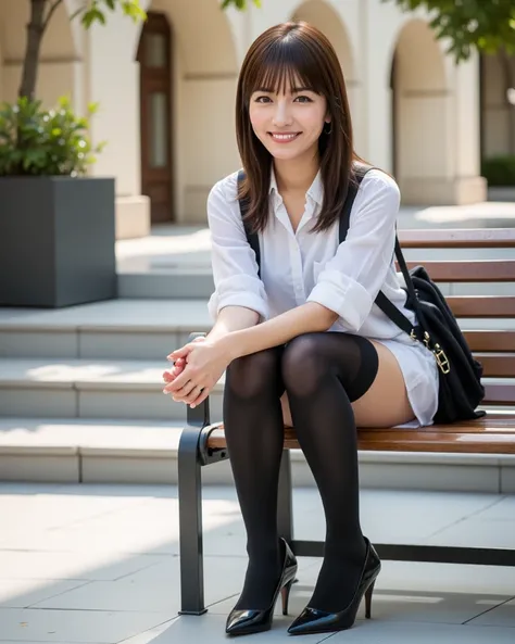 (    Photorealism   :1.2)、 full body portrait 、Smelling black high    socks 。  beautiful日本人モデル、39;  thick legs、  woman  、39;     Office worker uniform        、   black high heels   、smile、Bench on the White Floor   、    open your legs a little 。 super real...