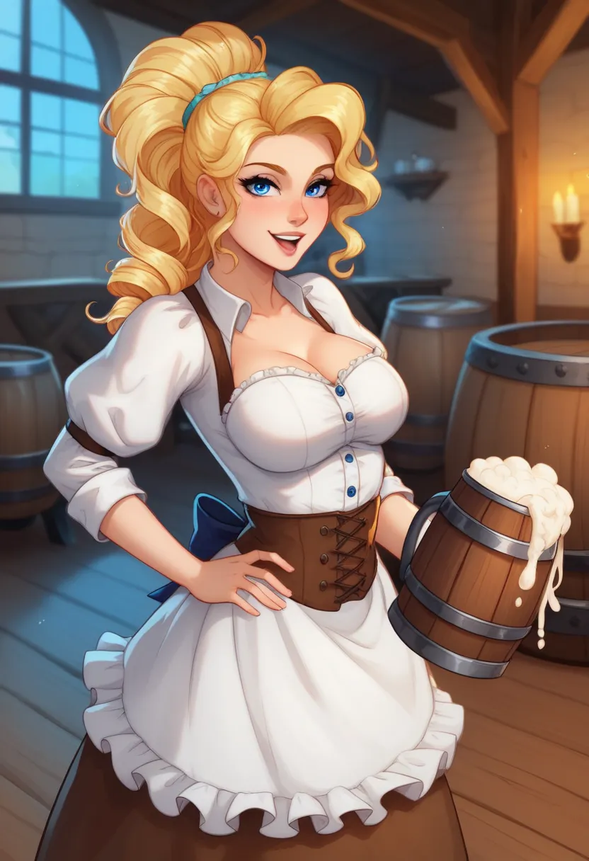 A stunning aasimar waitress with long, flowing blonde hair and piercing blue eyes stands in a lively medieval tavern, holding two large wooden mugs filled with frothy beer. Her well-defined physique is accentuated by a classic waitress dress—white blouse w...