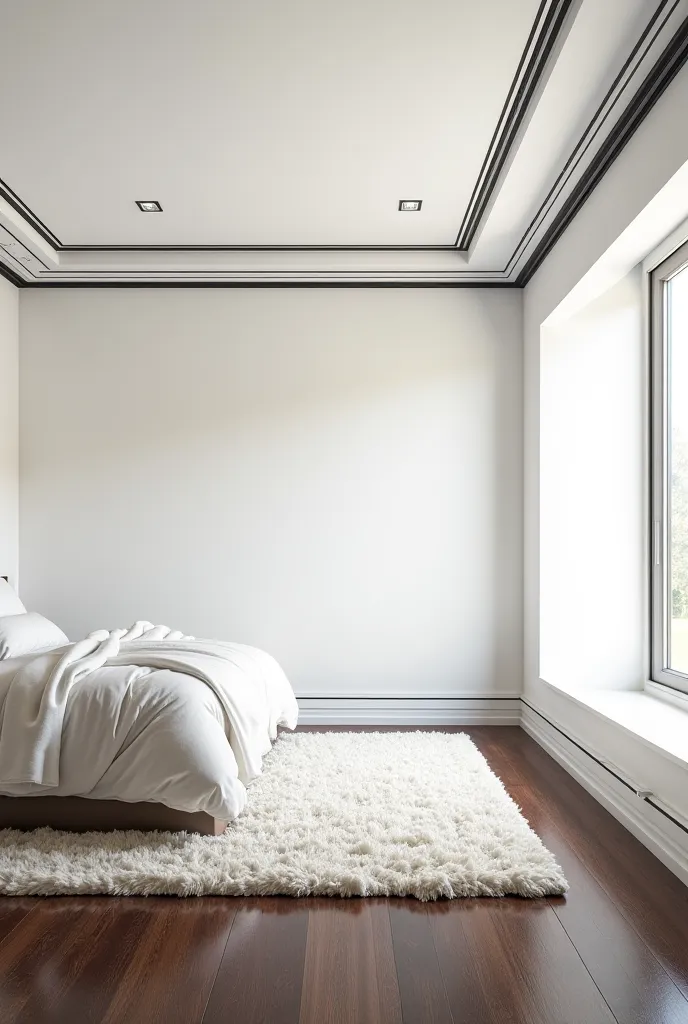 room with white color wool, color black floor, one window, color white ceiling and with color black moulding in the ceiling 