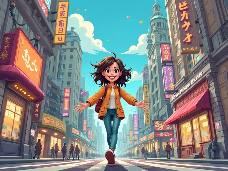 1 cartoon female character in the city