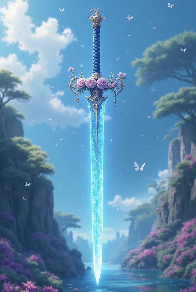 A very very thin blue sword with an incorporated flower on the handle anime style