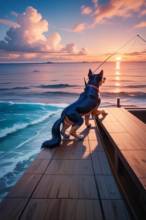 Shibainu dog fishing in the sea