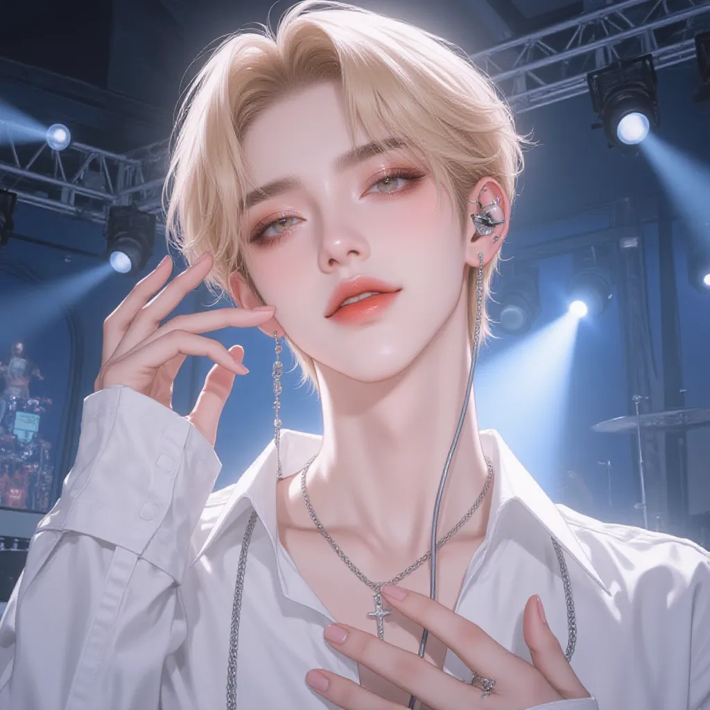 4k , 8k , manhwa , novel , Korea painting style , eyes details , sharp line , soft light , ((only 1 male blonde hair and brown eyes)) , short hair , ((no hair bang)) , (long shot) , wearing very loose shirt , long eyelash , music stage environments , good ...