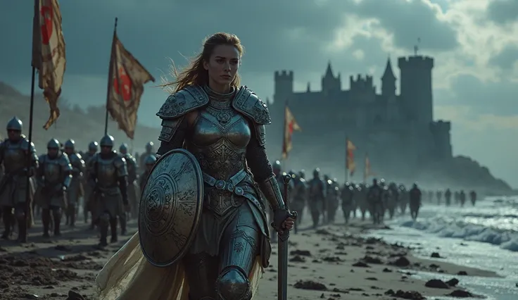 Sexy woman in armor marching with army with shield sword and flags on the beach full of mud destroyed castle near the beach full of boats flags wrecks medieval epic during the night horror mood 8k many details
