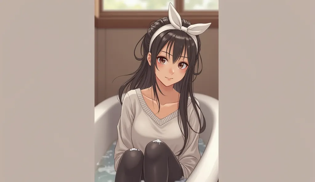  Full body photo  visible skirt photo skirt Smiling girl smiling horny face horny look Foam on chin foam dripped from chin  young g13yo girl with long  ponytail brunette white hairband  a lot of foam wet cloth foam on sweater wet sweater whit neckline brea...