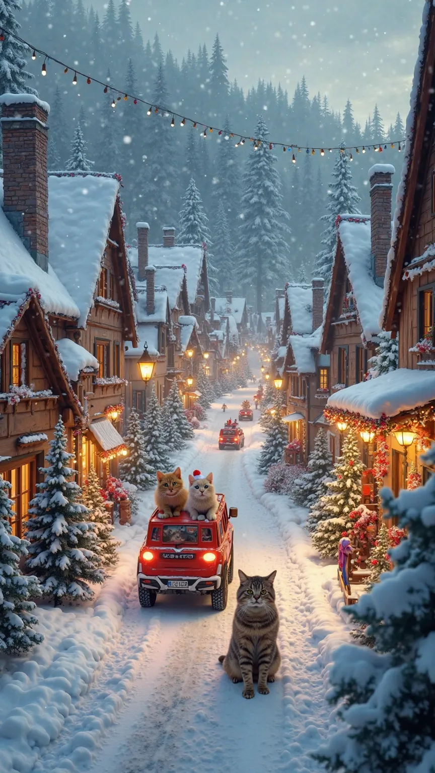 A picturesque small town covered in snow, creating a magical winter wonderland. The charming European-style houses are illuminated with warm lights, and their roofs are blanketed in thick snow. Steam rises from the chimneys, enhancing the cozy winter atmos...