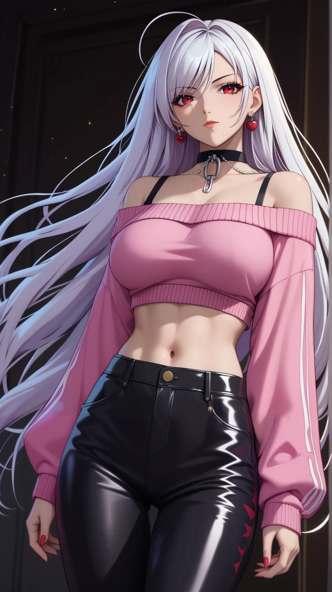 vampire moka akashiya, long hair, red eyes, ahoge, white hair, large breasts, vivid colors, pink sweater, long-sleeve, off shoulder, navel, stomach, black oversized pants, black baggy pants, black choker, earrings, lace-up boots,