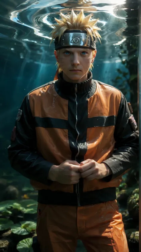 score_9, score_8_up, score_7_up, detailed, wallpaper, beautiful details, naruto uzumaki, 1boy, male focus, looking at viewer, blonde hair, forhead protector, konohagakure symbol, whisker markings, blue eyes, jacket, orange pants, standing, he is under wate...