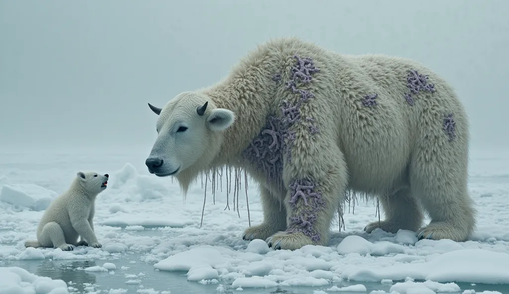 A white polor cow infested with a huge pile of worms and barnacles In snow and his cute baby standing near and crying 