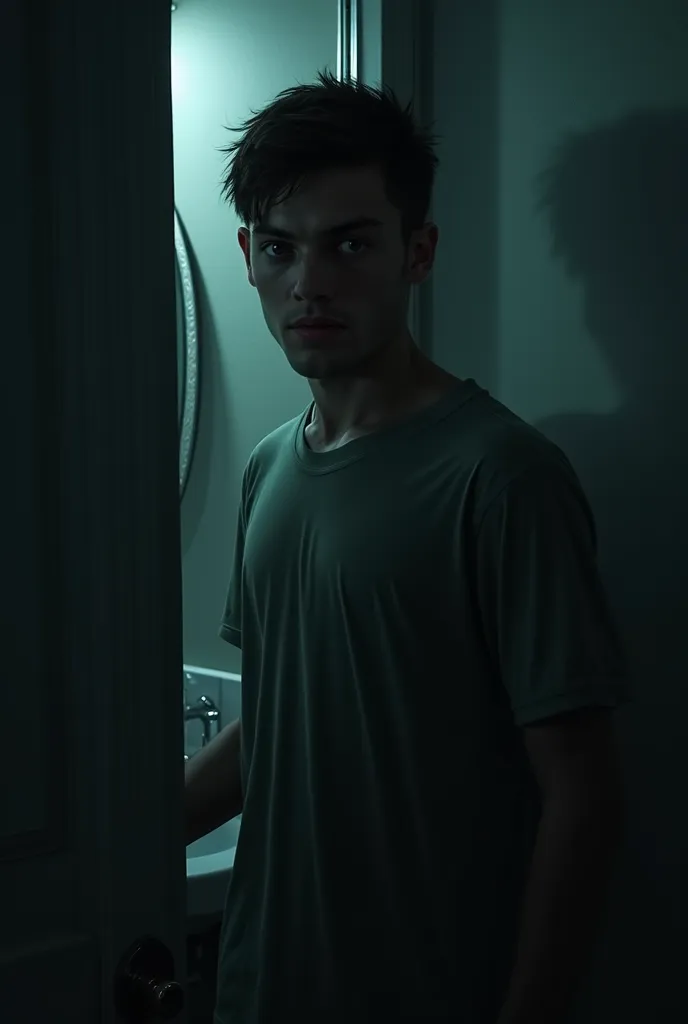 "A young man entering a dark bathroom, with an expression of hesitation. The light is flashing, creating creepy shadows on the walls. The mirror in the background is blurry. Realistic style, focusing on the facial expression of the character, cold and dark...