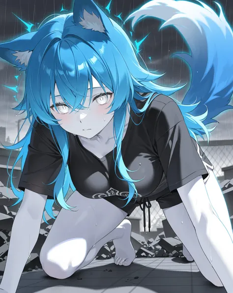 best image quality、Hi-Res、 diamond blue hair 、white eyes、、rooftop、  BLACK HIM T-SHIRT 、beautiful breasts、  best thighs、Blue aura、 long hair、best image quality、floating rubble、black shorts、 white skin、 the royal family、、Straight face、Waking up、Bedhead、 blac...