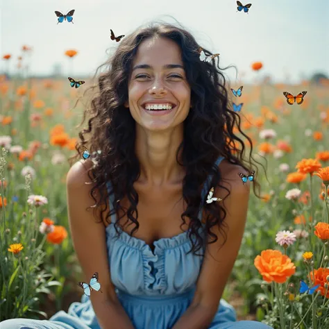 front view, happy stunning woman with curly long dark hair, wearing blue clothes sit in a beautiful field of flowers, colorful flowers everywhere, some blue and orange butterflies, perfect lighting, leica summicron 35mm f2.0, Kodak Portra 400, film grain